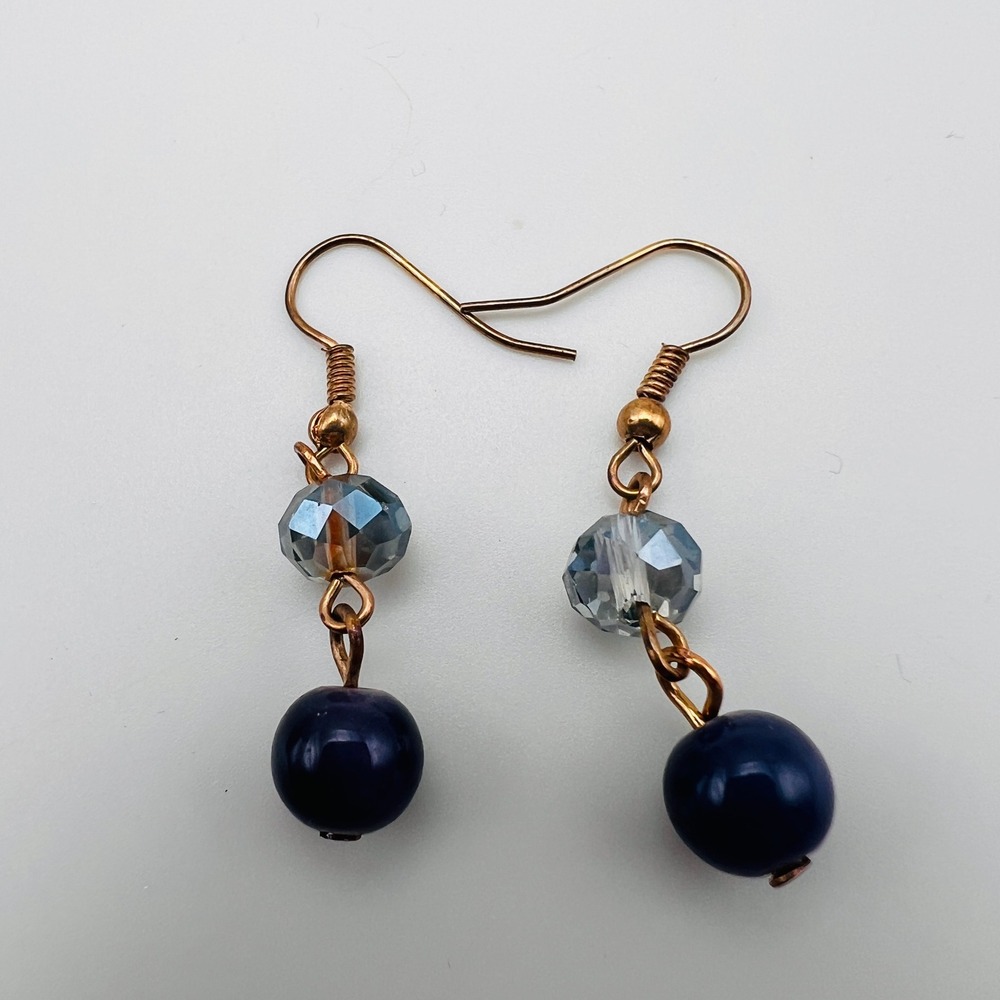 Handmade Blue Beaded Dangle Earrings Gold Tone French Hook Faceted Drop